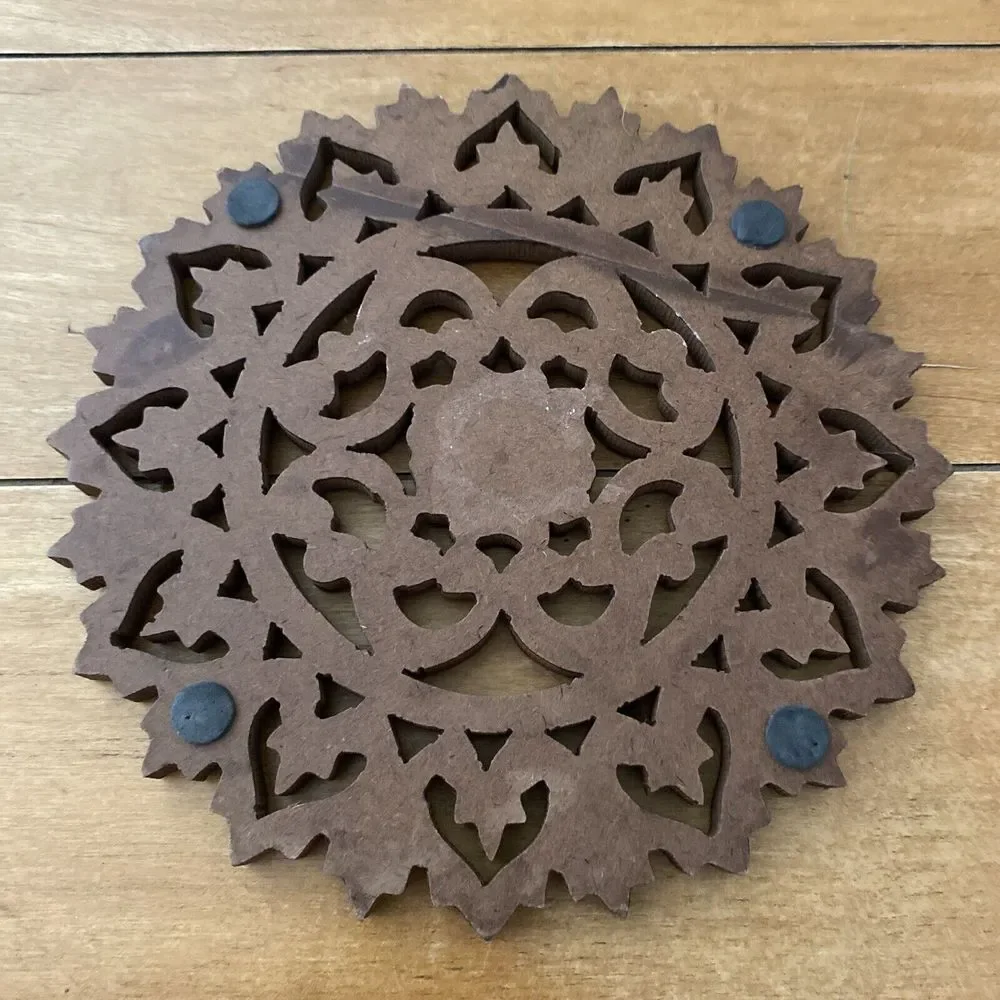 Hand Carved Wooden Trivet Dark 8 Inch Diameter Floral‎